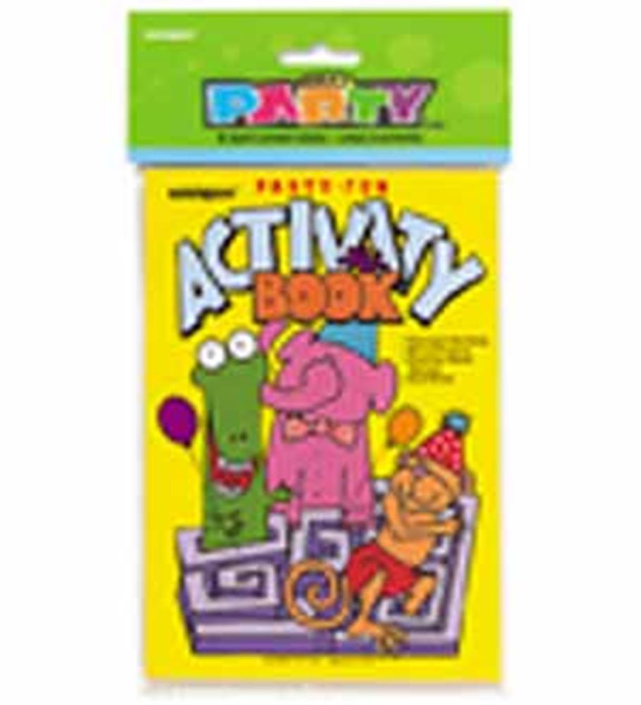 Set of eight bright yellow party activity books featuring colorful cartoon animals and bold, playful text on the cover.