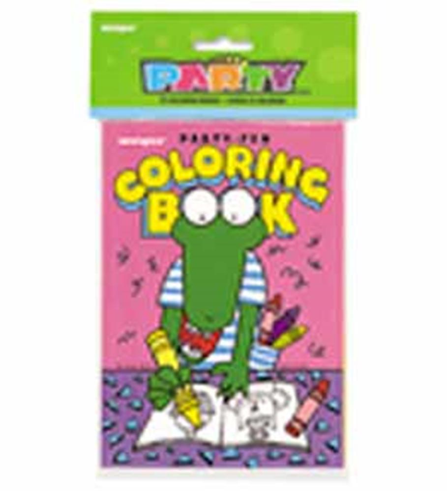 Set of eight colorful party-themed coloring books with a cartoon crocodile on the pink cover.