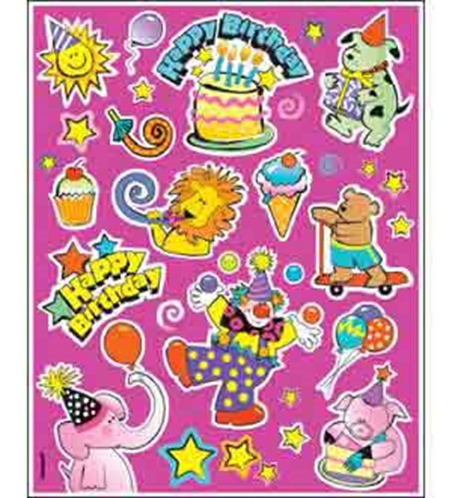 Colorful birthday-themed stickers on a pink background featuring animals, cake, balloons, and party hats.