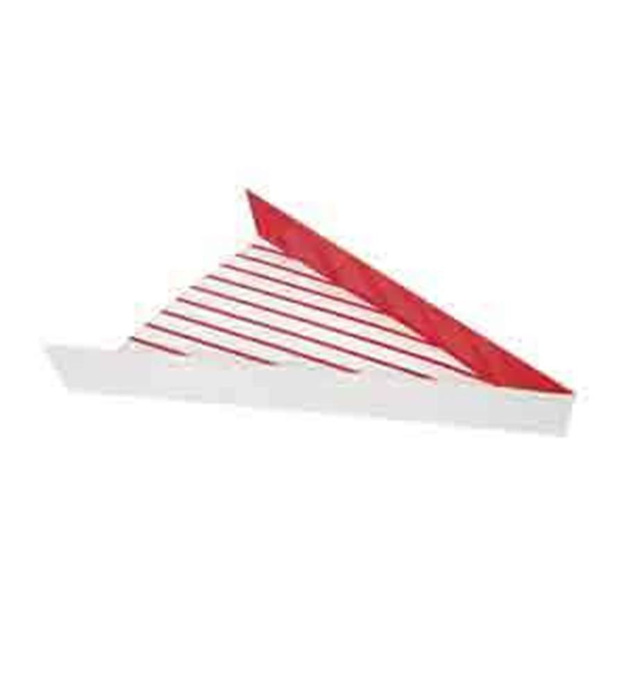 Triangular white paper tray with red stripes and solid red edge for serving pizza slices.