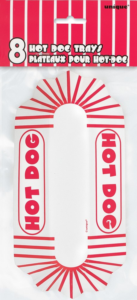 White rectangular plastic hot dog tray with red "HOT DOG" text and decorative lines, 8-pack packaging.