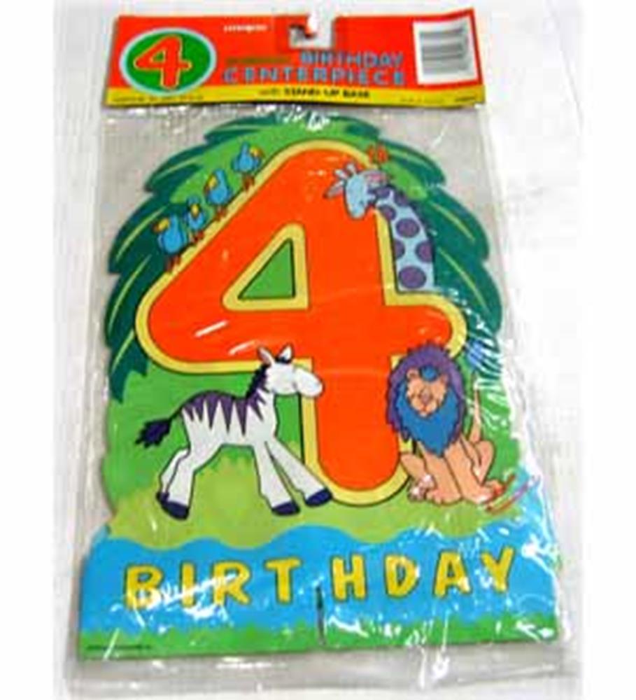 Colorful centerpiece featuring a large orange number 4 with cartoon zebra and lion on green and blue base reading "Birthday".