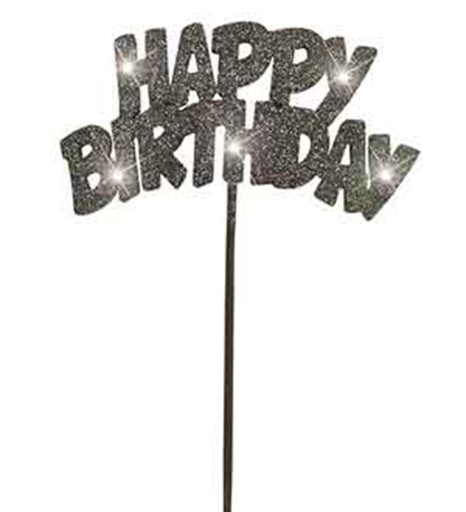 Black glittery "Happy Birthday" cake topper with flashing lights on stick.