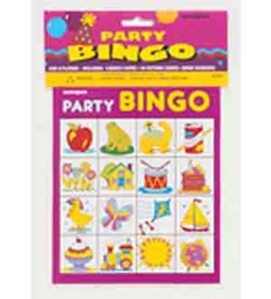 Party Bingo card with colorful illustrations like apple, duck, sailboat, cake, and sun on a purple background with yellow.