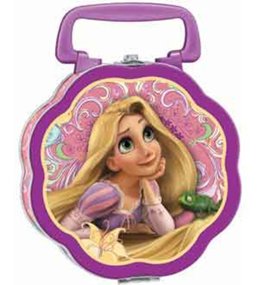 Purple scalloped metal box with handle featuring Rapunzel and Pascal from Disney's Tangled.