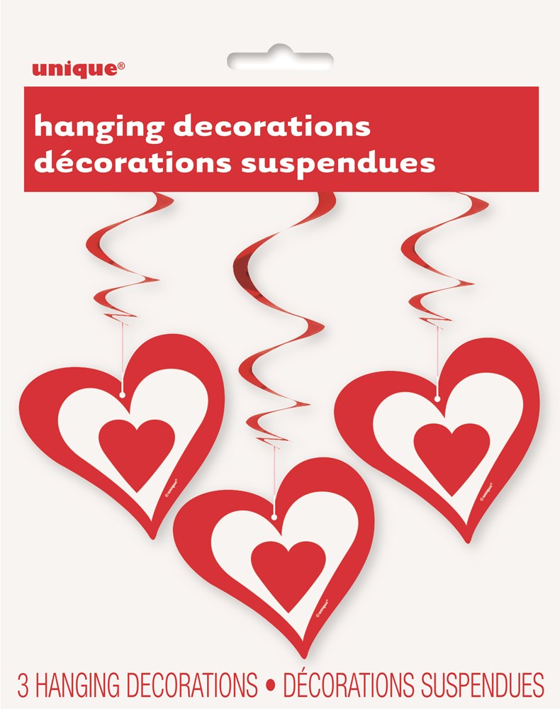 Three red and white double-layered heart hanging decorations with spiral ribbons.