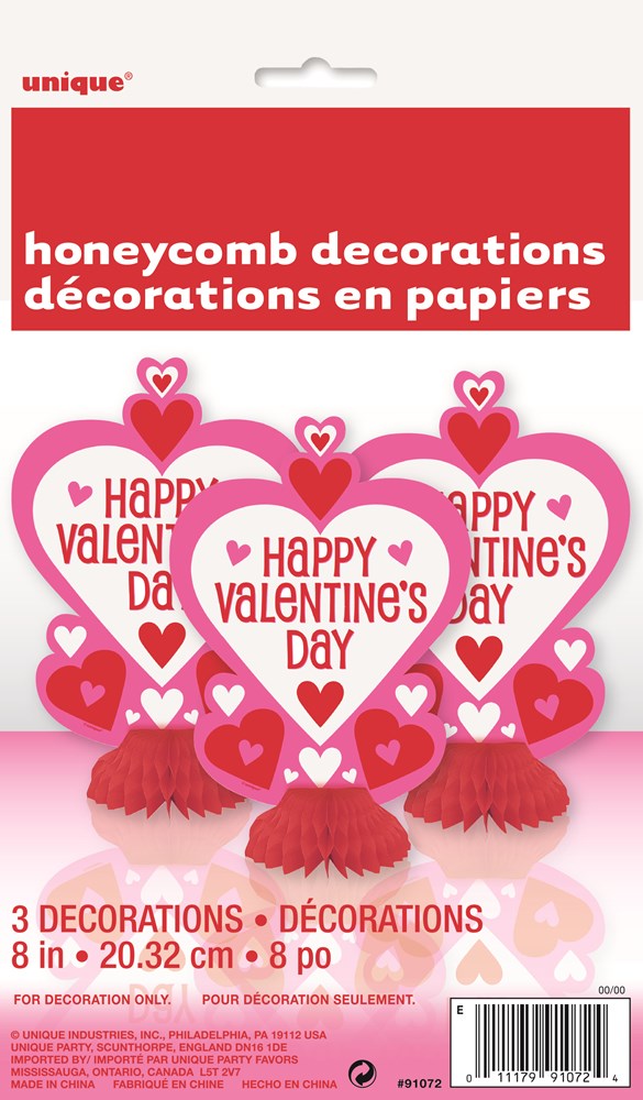 Set of three red paper honeycomb decorations with pink and white heart-shaped toppers reading "Happy Valentine's Day".