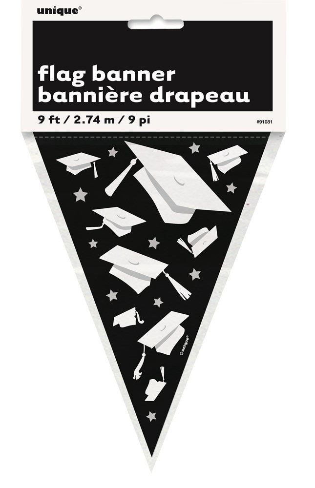 Black triangular flag banner with white graduation caps and stars pattern, 9 feet long.