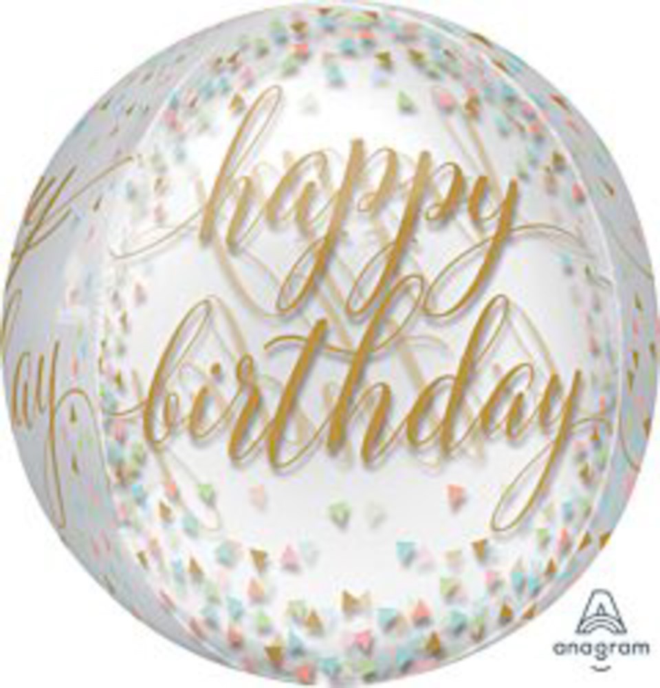 16in clear orb balloon with pastel confetti and gold "happy birthday" script.