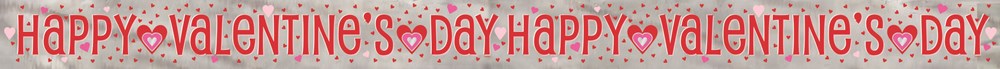 Red foil banner with "Happy Valentine's Day" text and heart shapes repeated across its 9-foot length.