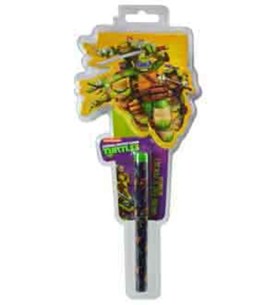 Die-cut pad shaped like a green Ninja Turtle with yellow background and a black pen decorated with turtle graphics.