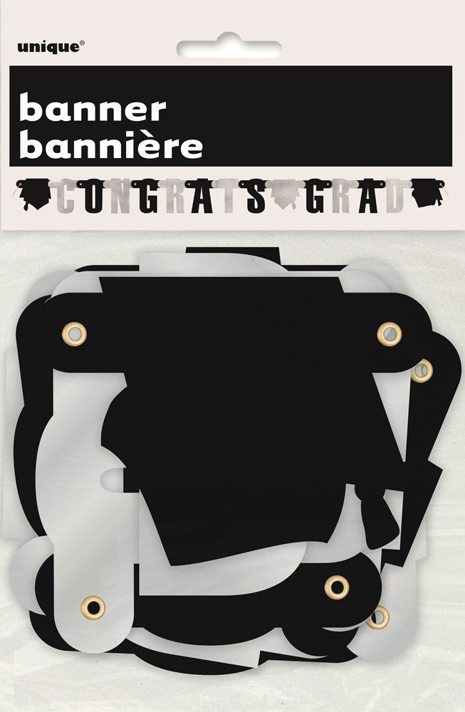 Black jointed banner with gold grommets, designed to spell "Congrats Grad" for graduation parties.