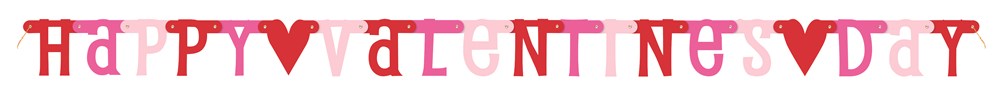 Red and pink heart-shaped jointed banner spelling "Happy Valentine's Day" with playful fonts.