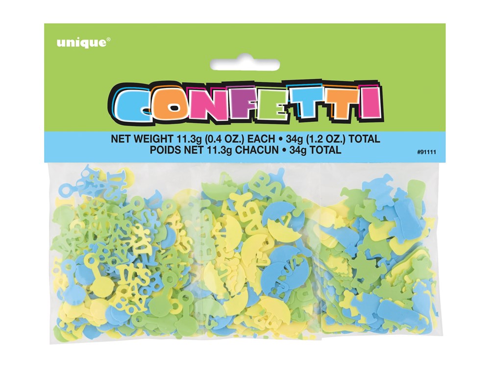 Three clear plastic bags filled with blue and yellow baby shower confetti shaped like baby bottles, rattles, and ducks, with