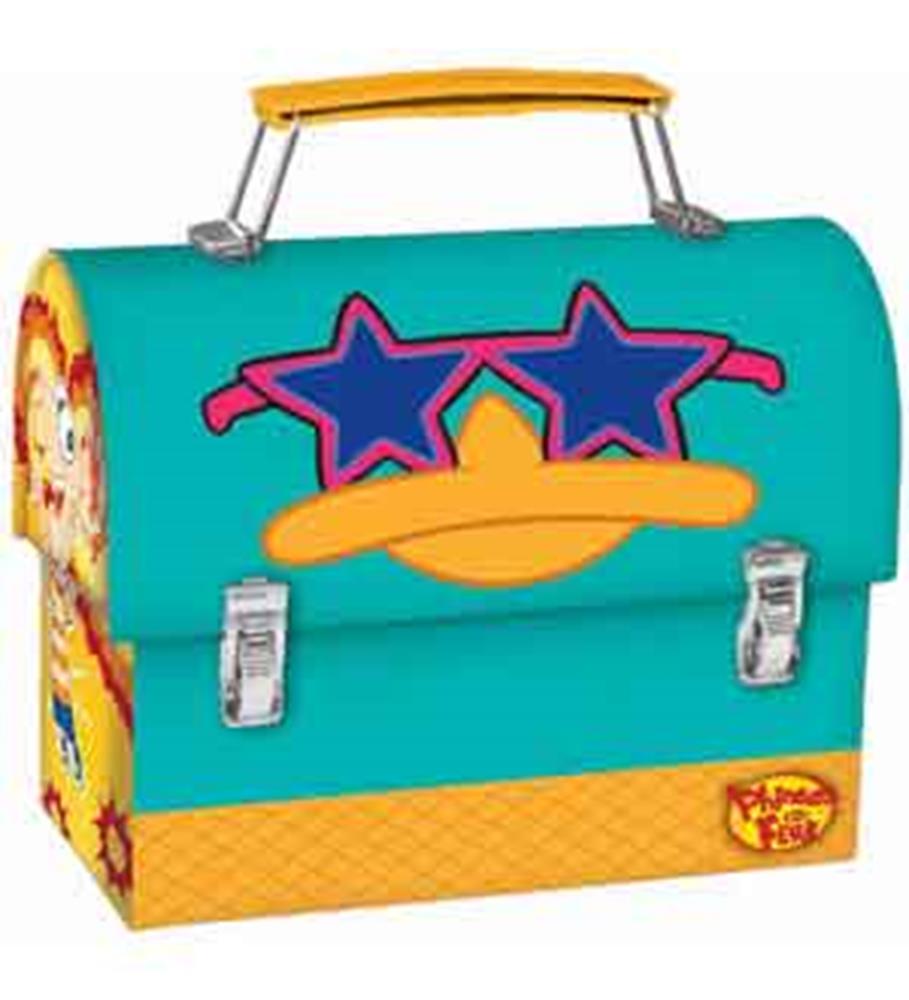 Teal metal lunchbox with yellow handle featuring Phineas and Ferb character design with sunglasses and silver clasp closures.