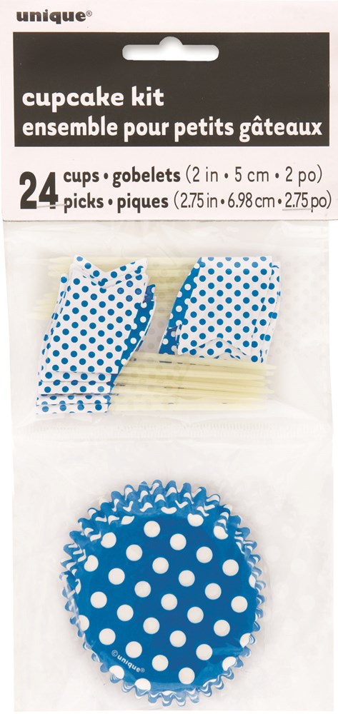 Royal blue cupcake liners and picks with white polka dots, 24 pieces total.