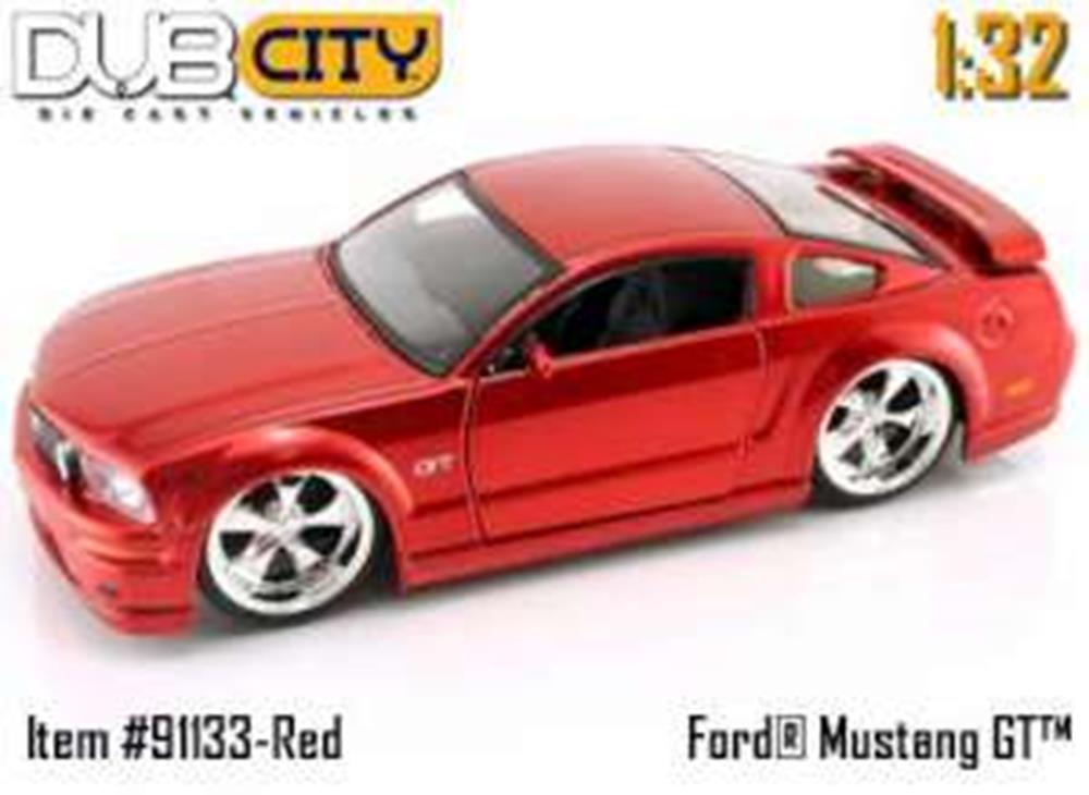 Red Ford Mustang GT diecast car model with silver rims and detailed body features.