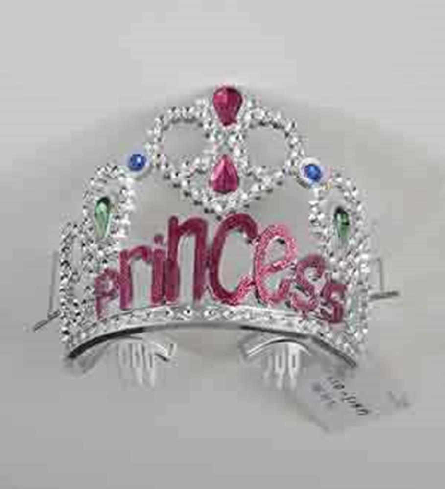 Silver tiara with pink "Princess" lettering, adorned with pink, green, and blue gem accents.