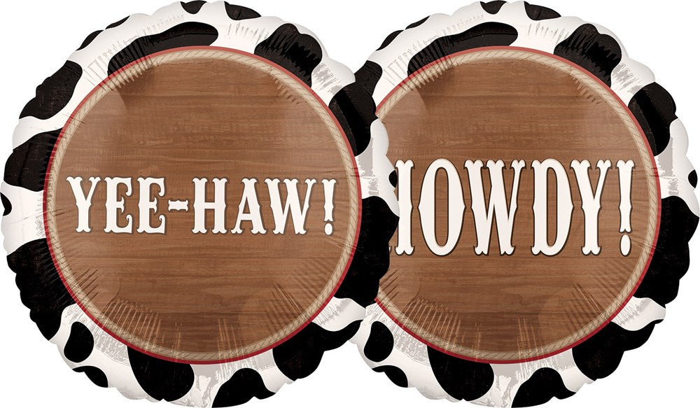 Two 18-inch round foil balloons with cow print borders, wooden texture centers, and bold white text saying "YEE-HAW!" and.