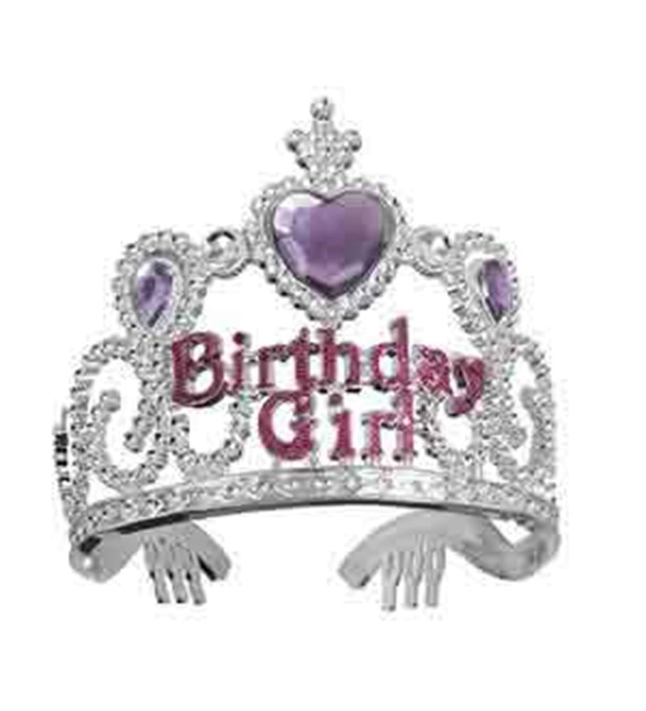 Silver-tone plastic tiara with purple heart gems and "Birthday Girl" text in pink glitter letters.