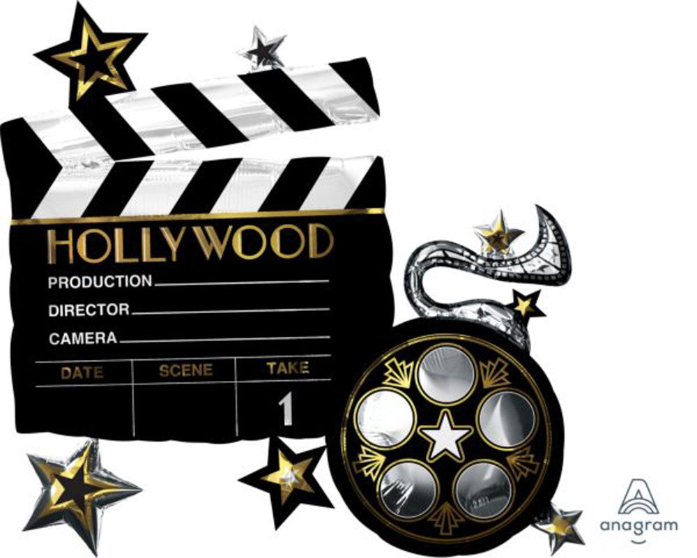Black and white foil balloon shaped like a Hollywood clapperboard with gold text and details, surrounded by gold and black.