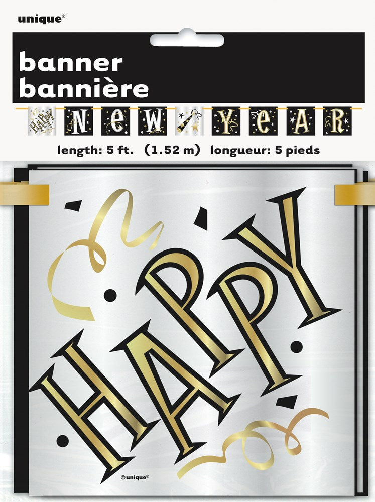 Black and gold block banner spelling "HAPPY" with confetti accents, 5 feet long.