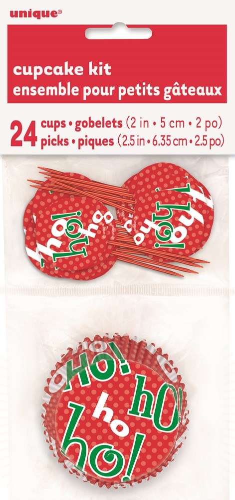 Red cupcake liners and picks with green and white "Ho Ho Ho" Christmas lettering designs, 24 pieces included.