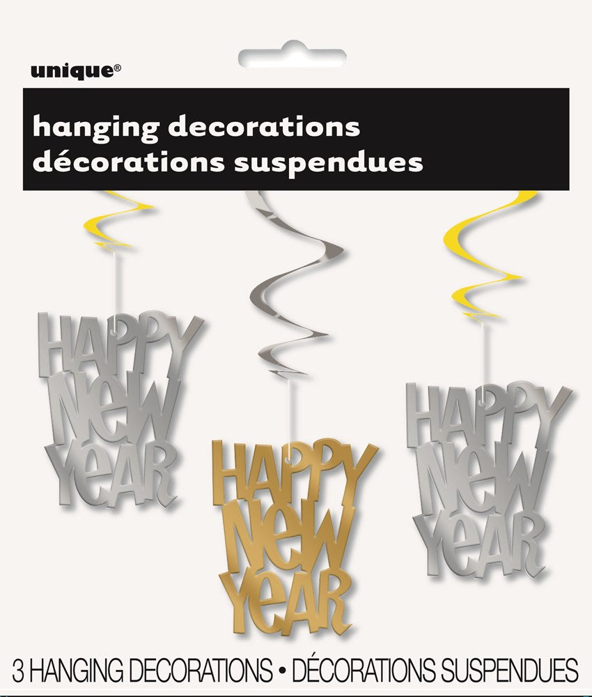 Three 26-inch hanging swirl decorations in gold, silver, and yellow with "Happy New Year" cutouts.