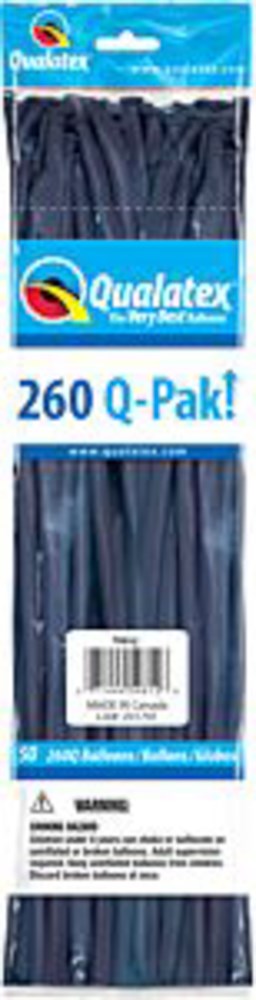 Pack of 50 navy blue 260Q Qualatex latex balloons, long twisting shape, sealed in clear plastic packaging.