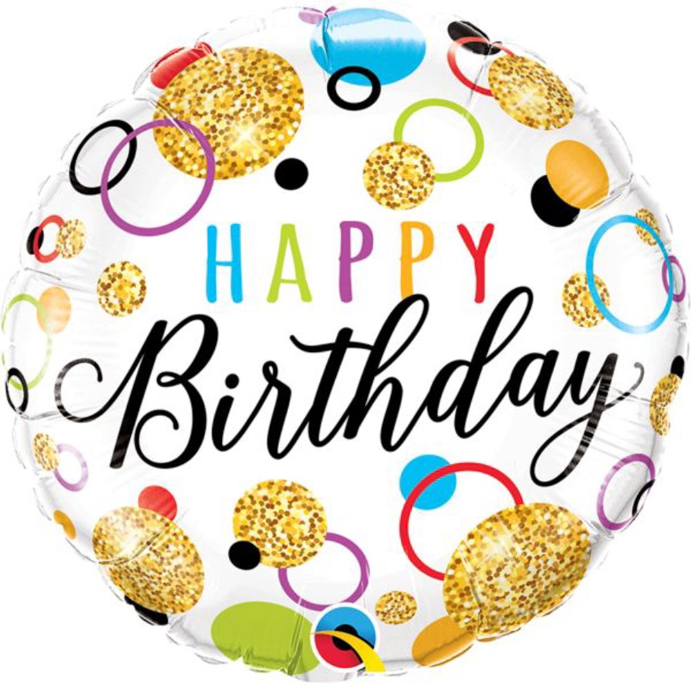 18-inch round white mylar balloon with colorful rings and gold glittered dots, "Happy Birthday" text.
