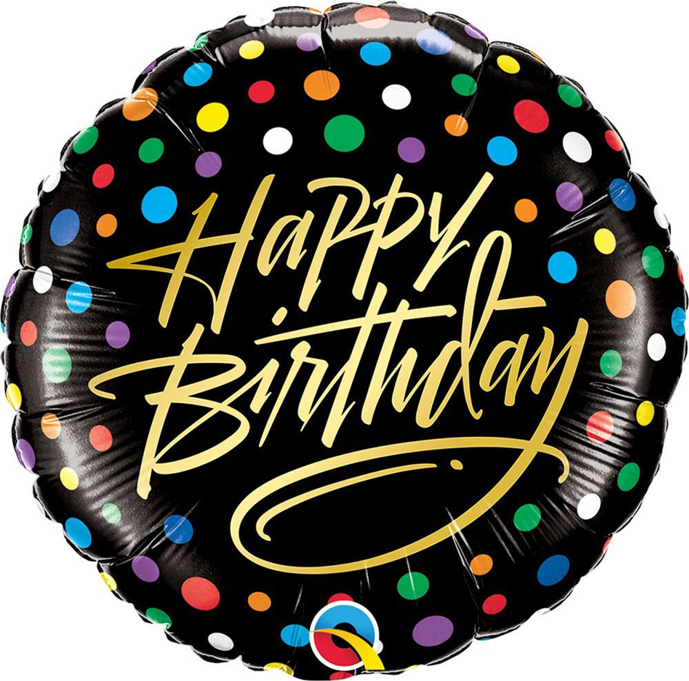 18in round black foil balloon with colorful polka dots and gold "Happy Birthday" script text.