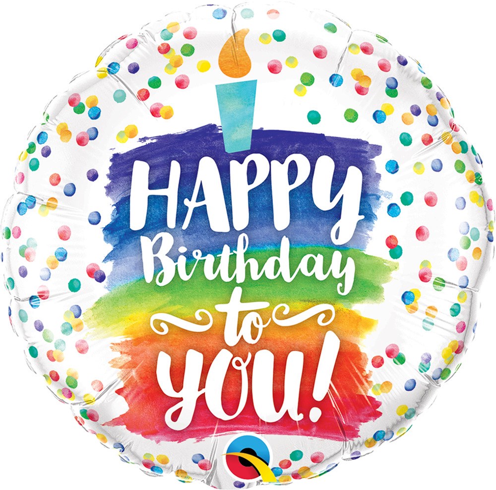 Round foil balloon with colorful confetti dots and "Happy Birthday to You!" text over rainbow brushstroke background.