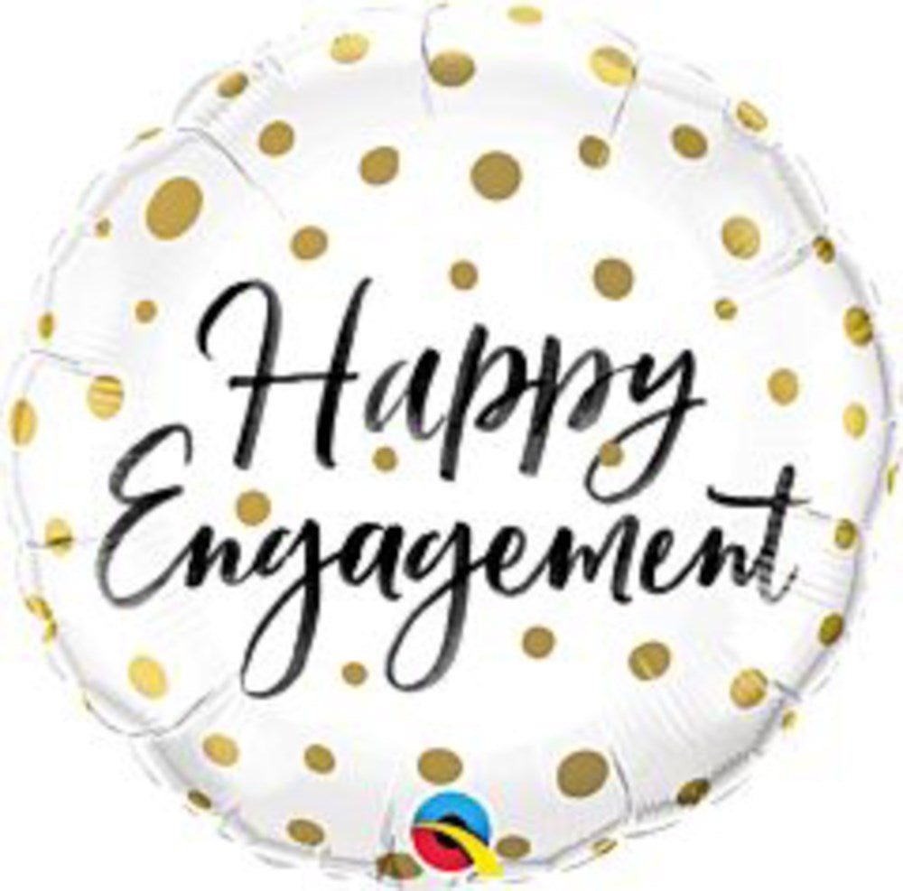 Round white foil balloon with gold polka dots and "Happy Engagement" in black script lettering.