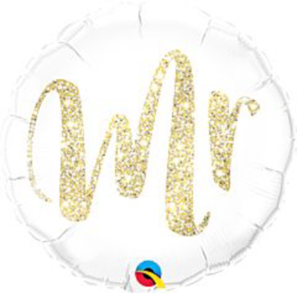 Round white foil balloon with large glittery gold "Mr" text in cursive font, 18-inch size.