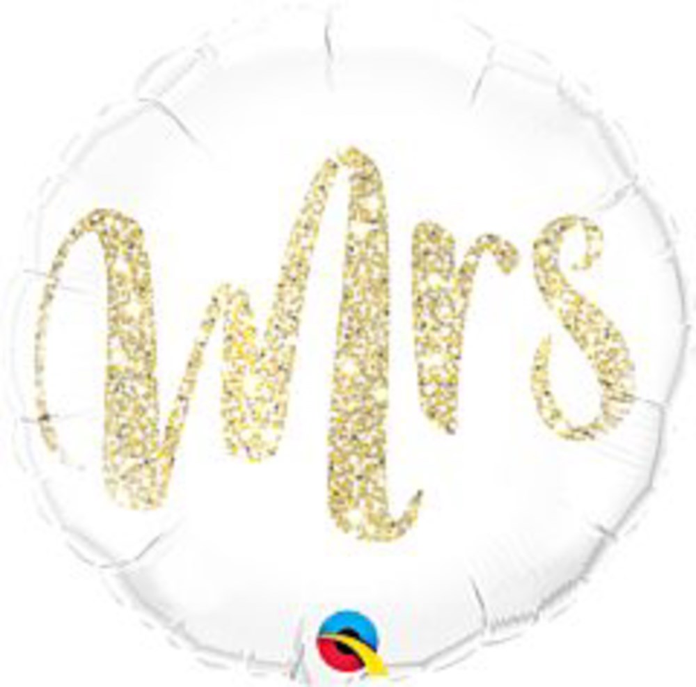 White round foil balloon with sparkling gold glitter script spelling "Mrs" in the center.