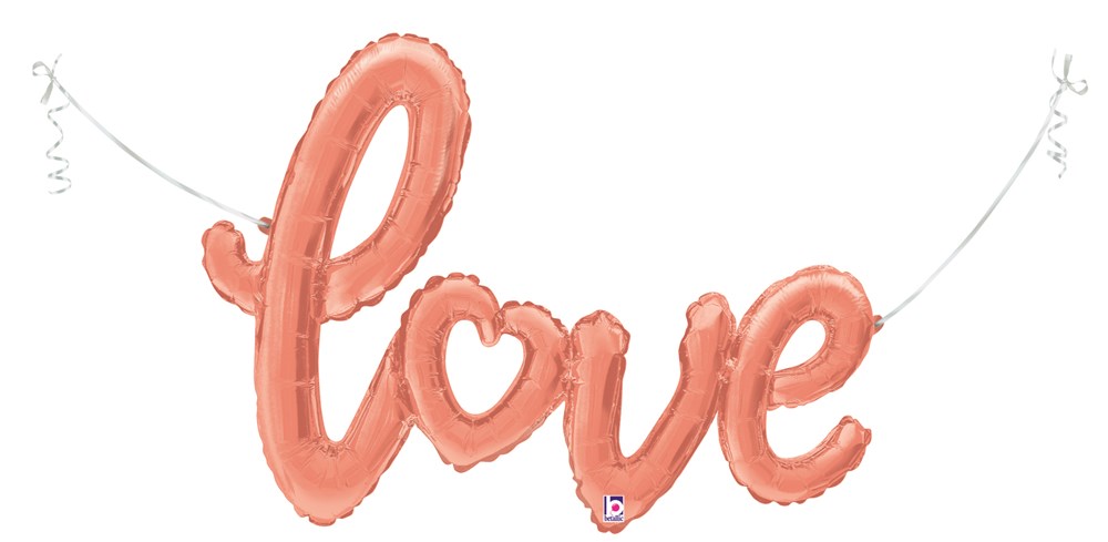 Rose gold foil balloon spelling "love" in cursive script, 36x22 inches, with hanging strings.