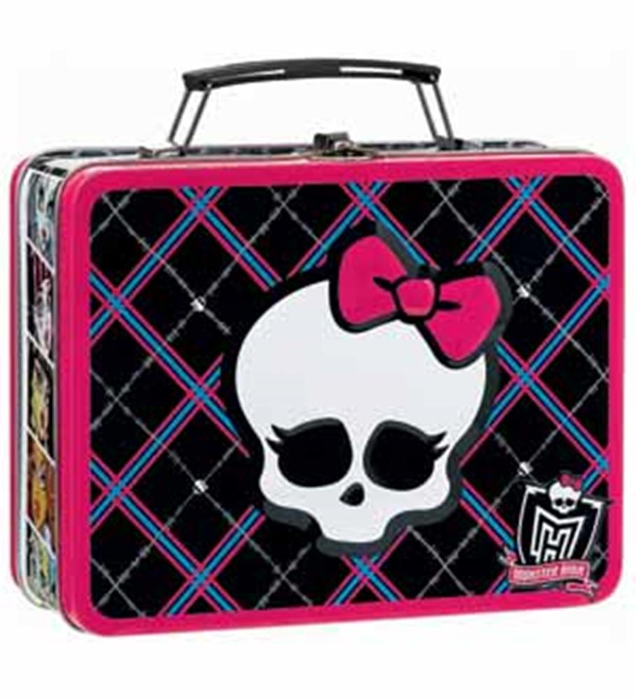 Rectangular metal lunchbox with pink edges, black background, blue and pink plaid lines, and a white skull with a pink bow.
