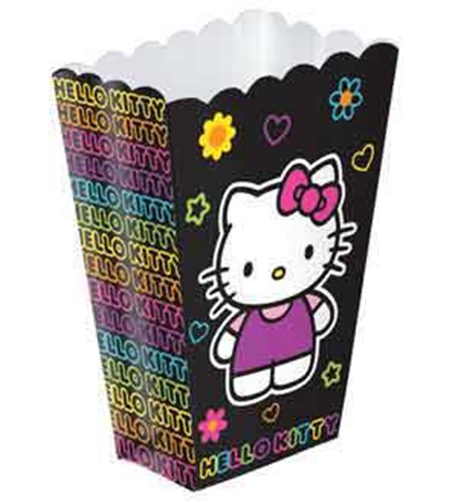 Black scalloped-edge favor container with colorful "Hello Kitty" text and Hello Kitty character wearing a purple dress and.
