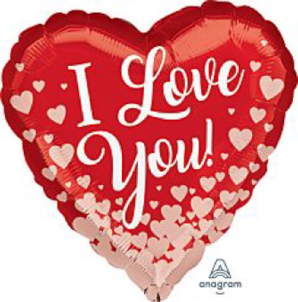 Heart-shaped red foil balloon with rose gold and white hearts and "I Love You!" text in cursive font.