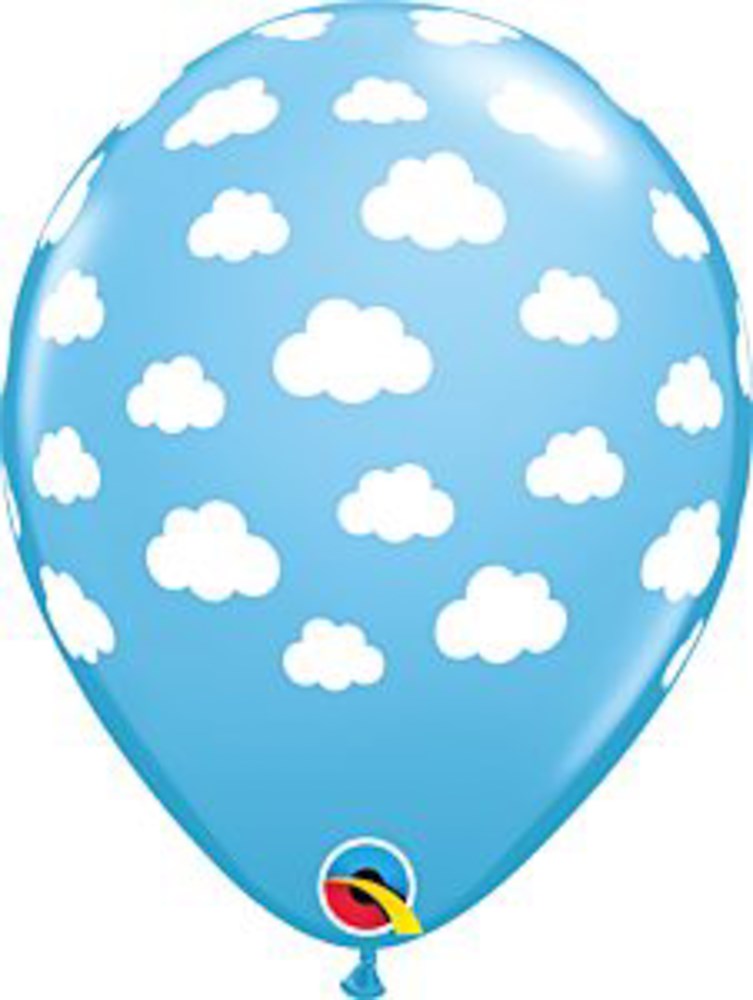 Light blue 11-inch latex balloon with white cloud patterns printed all over.