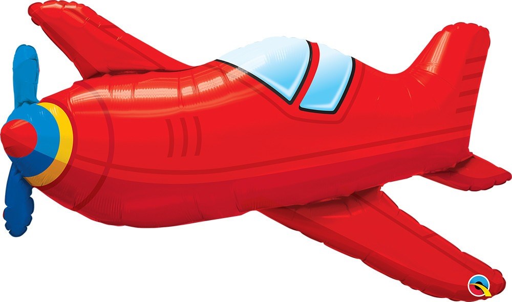 Red foil airplane balloon with blue and yellow propeller and light blue cockpit window.