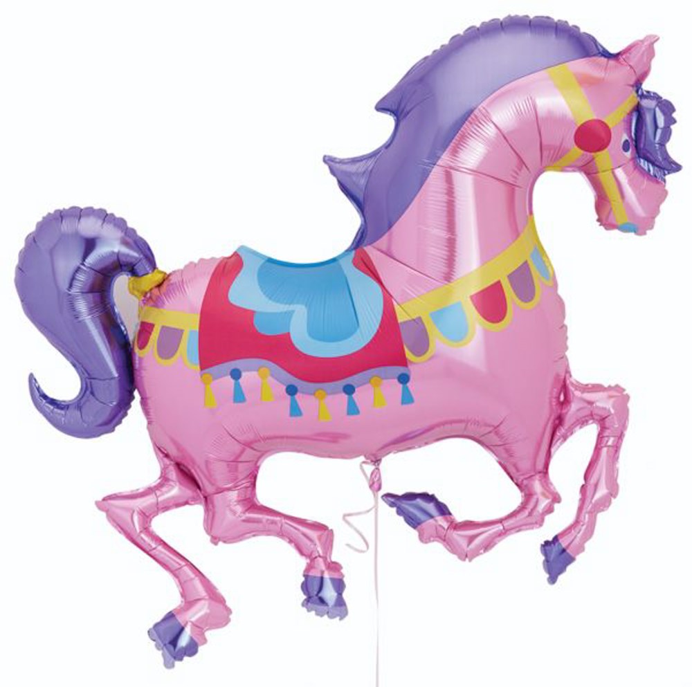 Pink carousel horse foil balloon with purple mane and tail, colorful decorated saddle, 48-inch size.