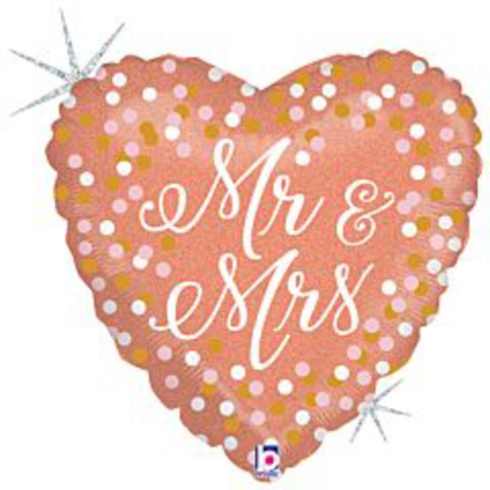Heart-shaped rose gold foil balloon with white "Mr & Mrs" script and holographic polka dots.