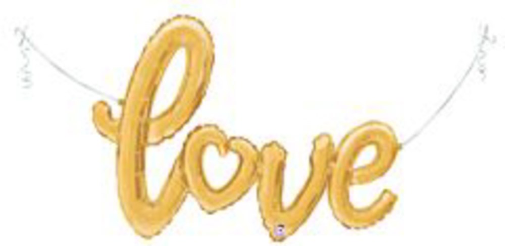 Gold foil balloon spelling the word "love" in cursive script, 33 inches wide, air-filled shape.