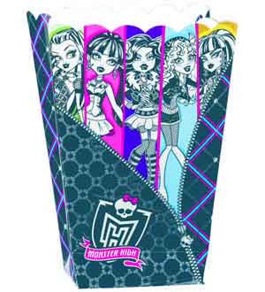 Colorful Monster High-themed paper favor container with character illustrations and logo, scalloped top edges.
