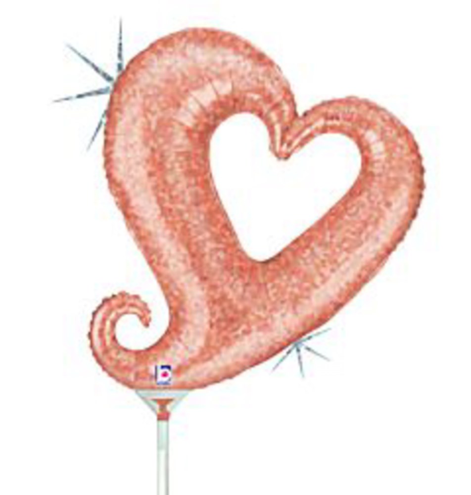 Rose gold foil balloon shaped like a stylized heart with a curled tail, shiny and holographic finish, 14 inches tall.
