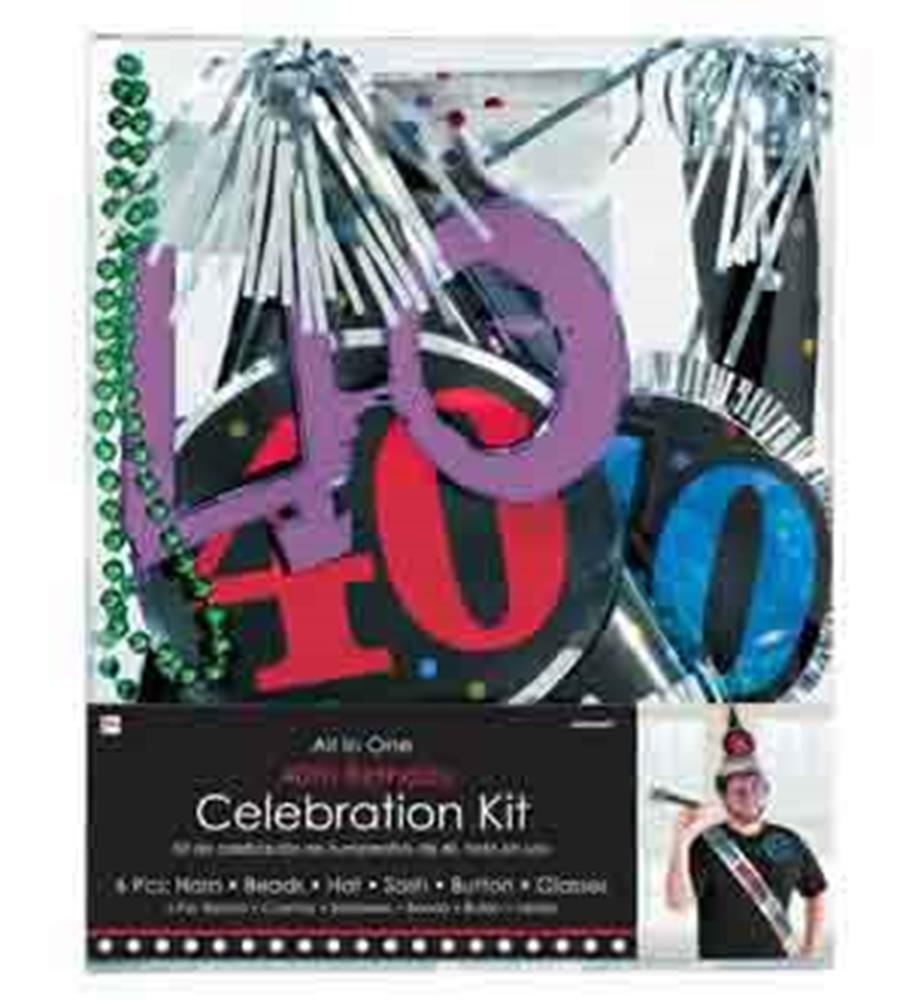 40th birthday party kit with colorful "40" glasses, bead necklace, horn blowers, and party hat in packaging.