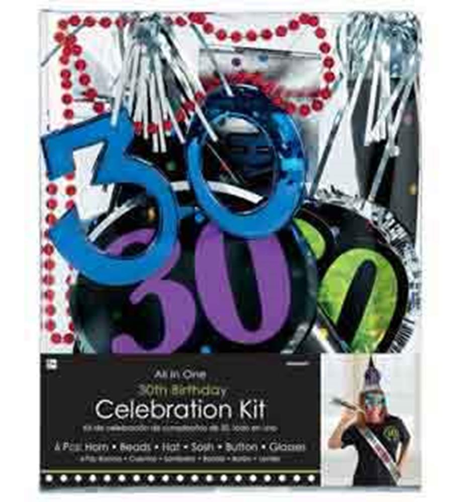 30th Birthday Party Kit with blue and purple number 30 glasses, silver tassels, and red beads.