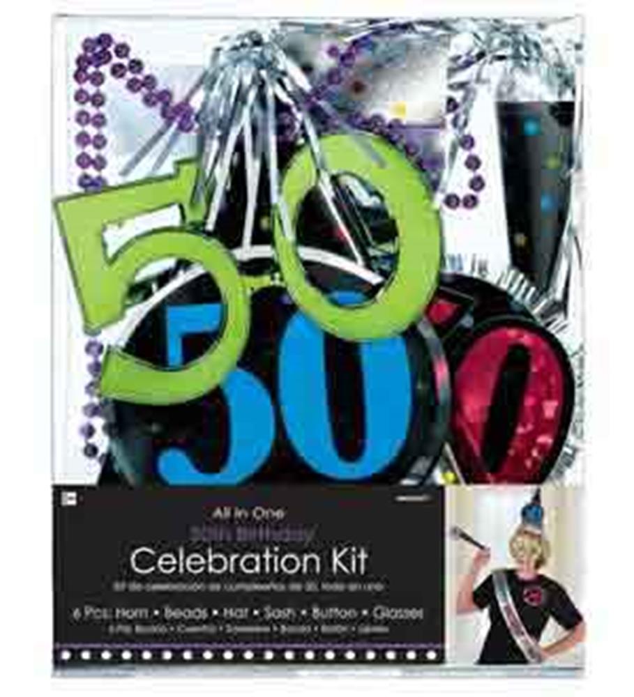 50th birthday party kit with colorful number balloons, purple beads, cone hat, and silver decorations.