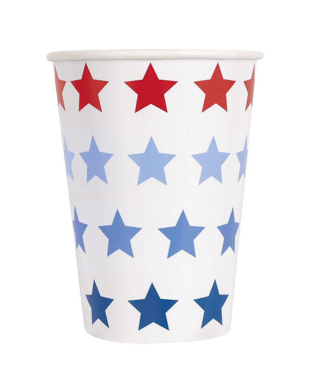 White 12oz paper cup with red, light blue, and dark blue stars in horizontal rows.